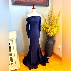 Beautiful Navy Blue Off The Shoulder Prom Dress